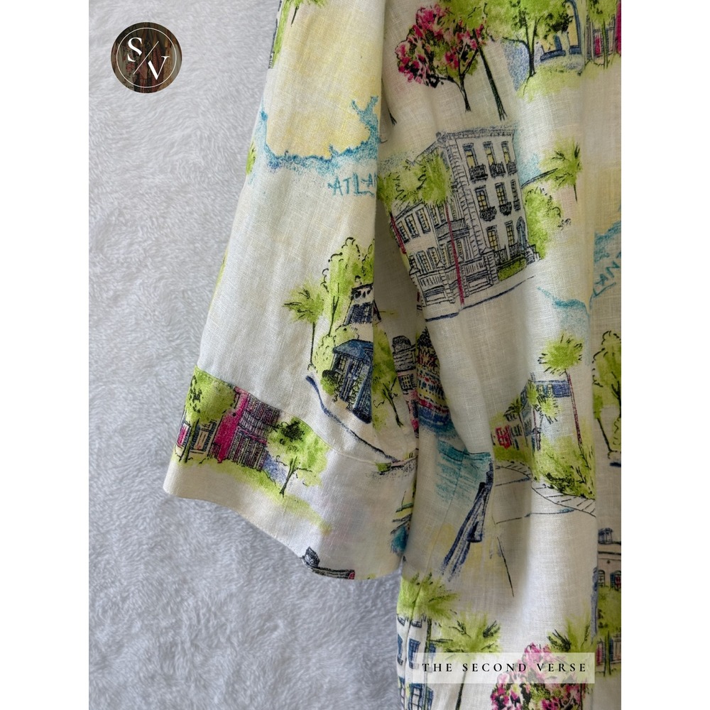 Chico's Linen Button Front Shirt 3/4 Sleeve Atlantic Coastal Scene Size 16/18 - Picture 5 of 10